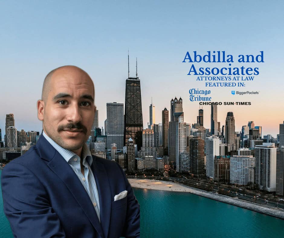 Justin Abdilla of Abdilla and Associates in front of the Chicago skyline, featured in the Chicago Tribune, Chicago Sun-Times, and BiggerPockets