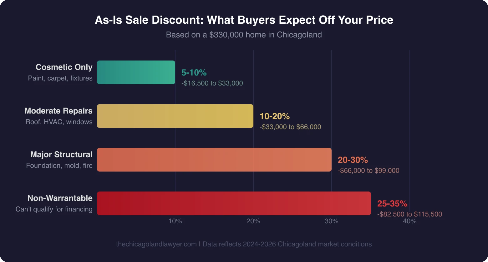 Chart showing as-is sale discount ranges by property condition on a $330,000 Illinois home: cosmetic 5-10%, moderate repairs 10-20%, major structural 20-30%, non-warrantable 25-35%