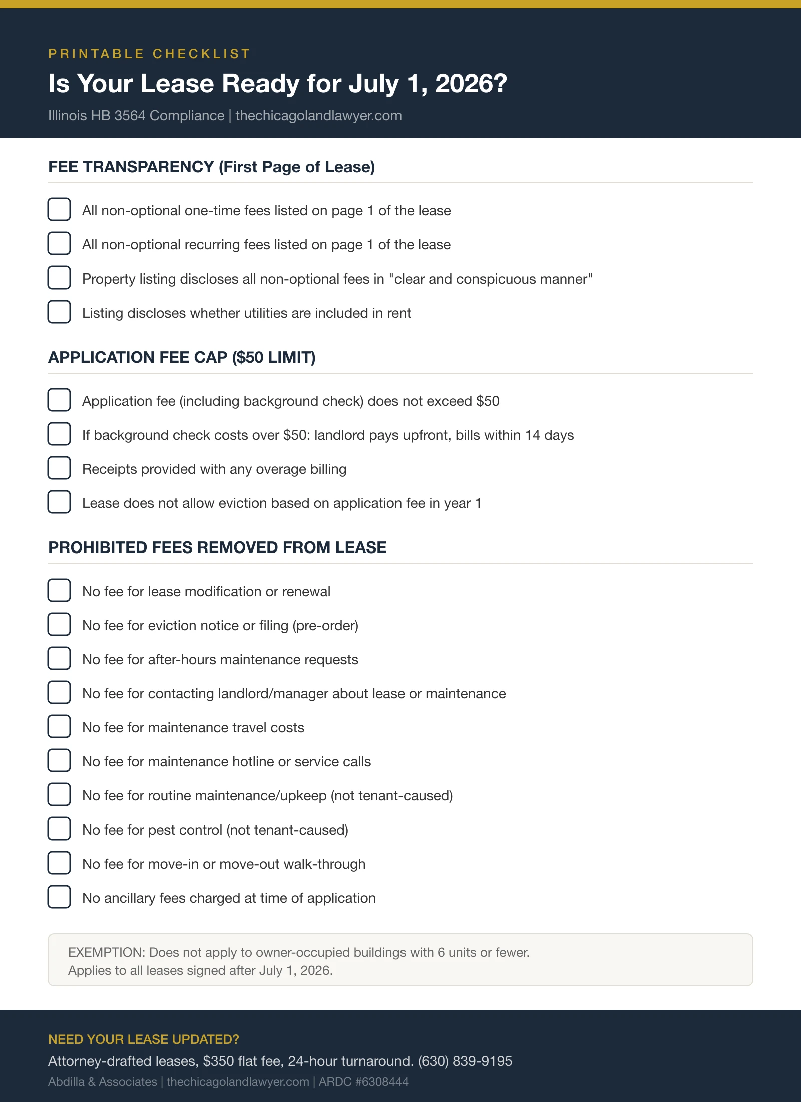 Printable checklist for Illinois HB 3564 lease compliance, showing prohibited fees, application fee cap, and disclosure requirements effective July 1 2026