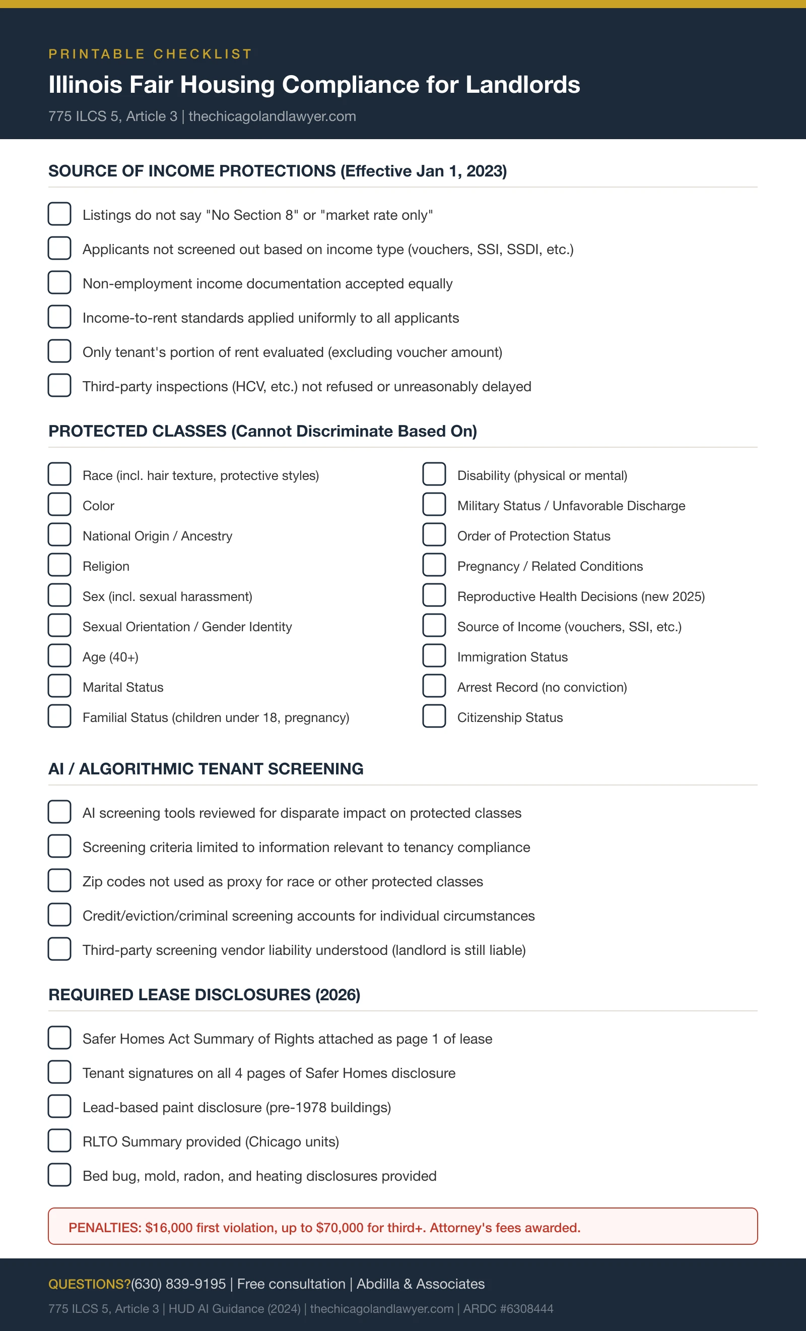 Printable Illinois fair housing compliance checklist for landlords, covering protected classes, source of income discrimination, AI screening, and required lease disclosures