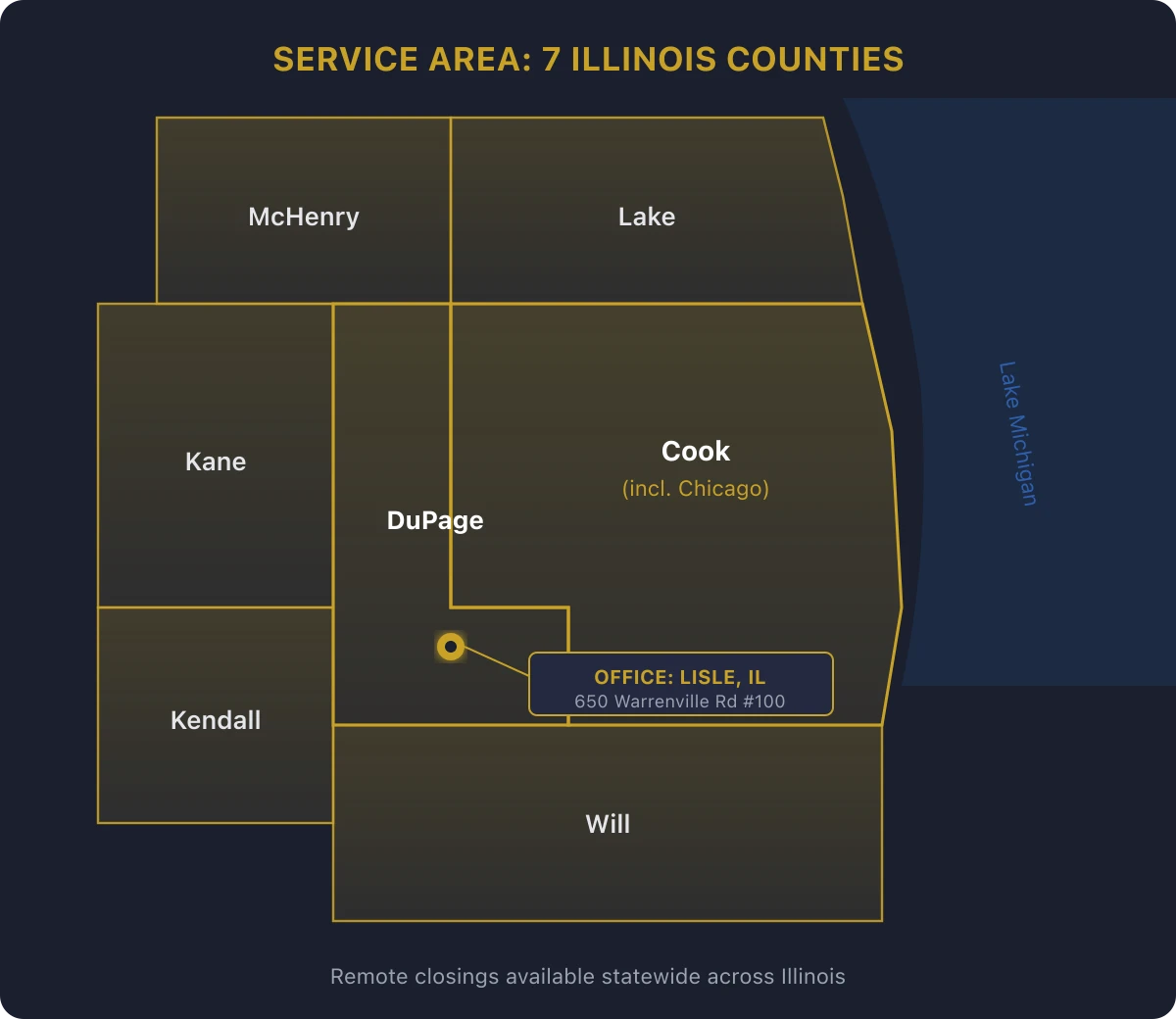 Map of The Chicagoland Lawyer service area covering 7 Illinois counties: Cook, DuPage, Kane, Will, Lake, Kendall, and McHenry, with office located in Lisle, DuPage County