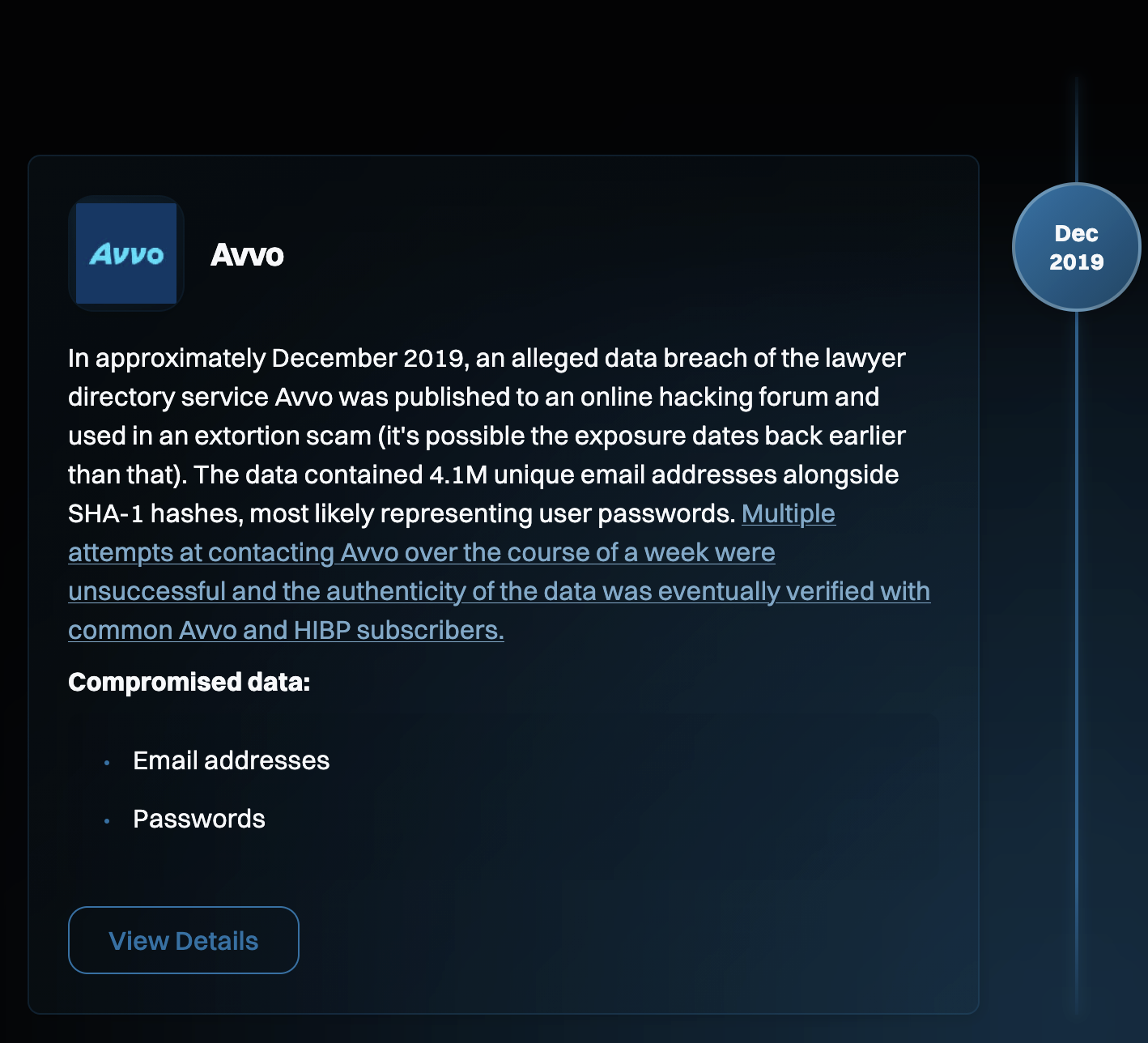 Have I Been Pwned showing Avvo data breach from December 2019, compromising email addresses and passwords