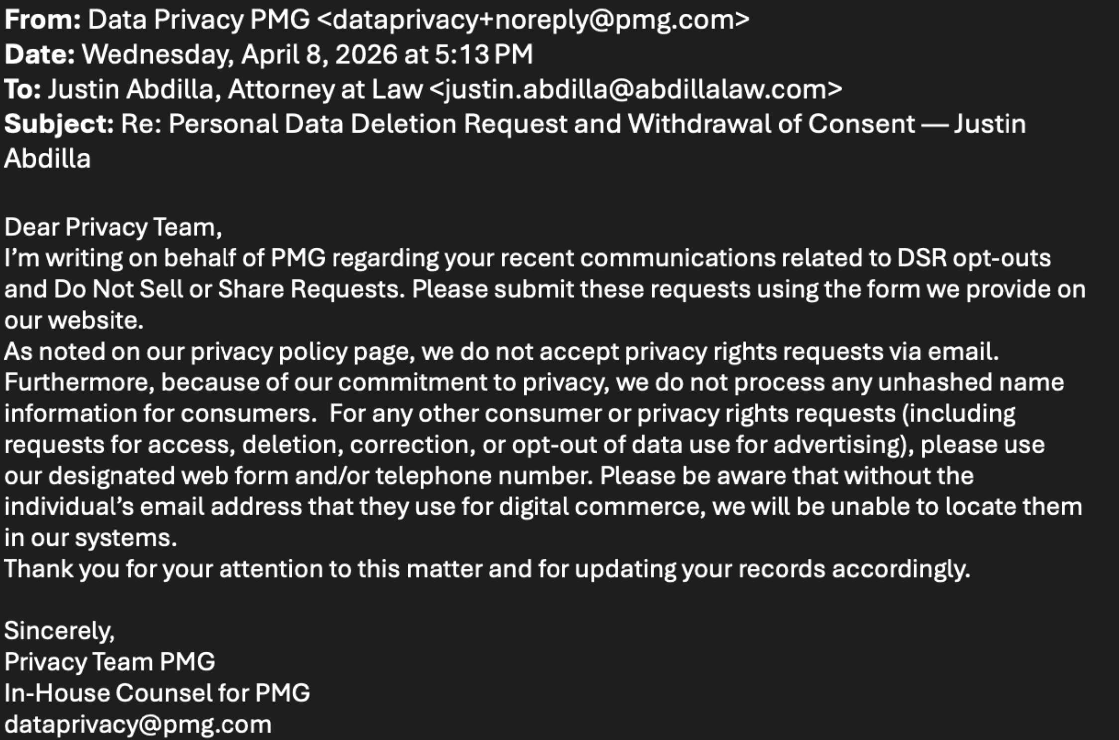 Email from PMG refusing to process a deletion request via email, directing to a web form instead