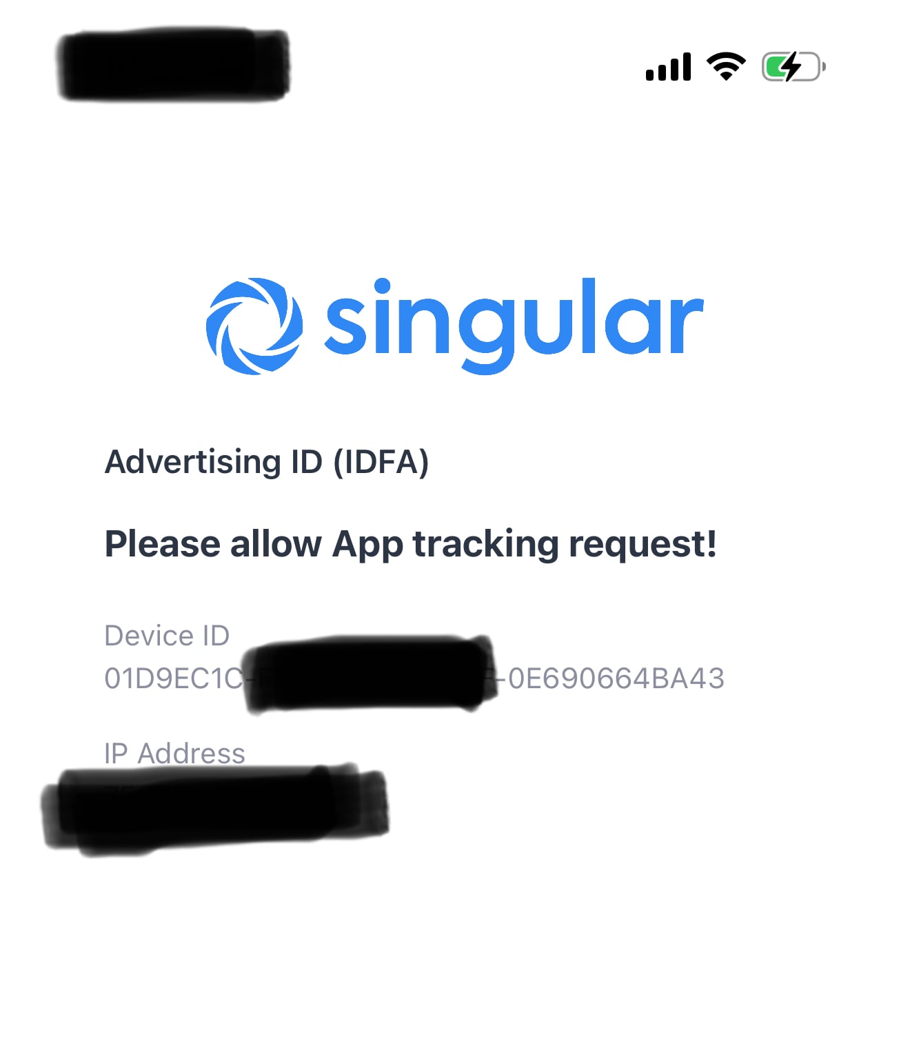 Singular Device app showing an active Mobile Advertising ID (IDFA) on an iPhone