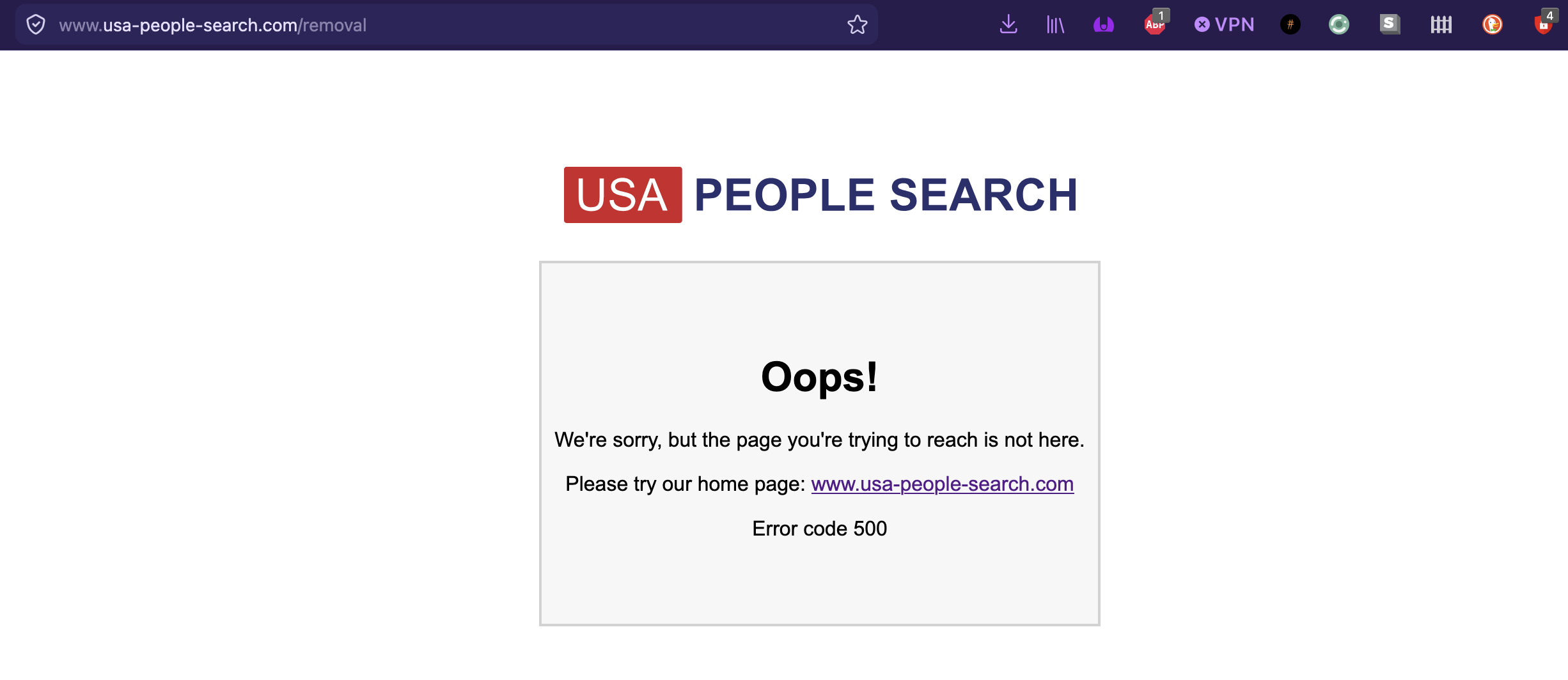 USA People Search removal page showing Error code 500 - the form they direct you to does not exist