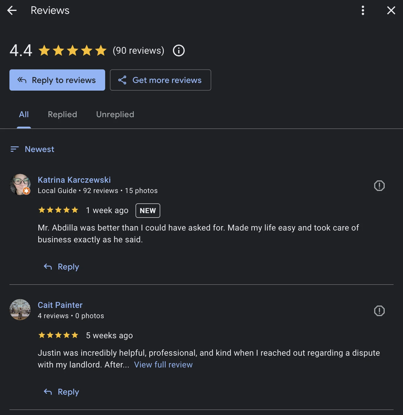Google Business Profile reviews panel showing individual reviews with star ratings and the report icon next to each review