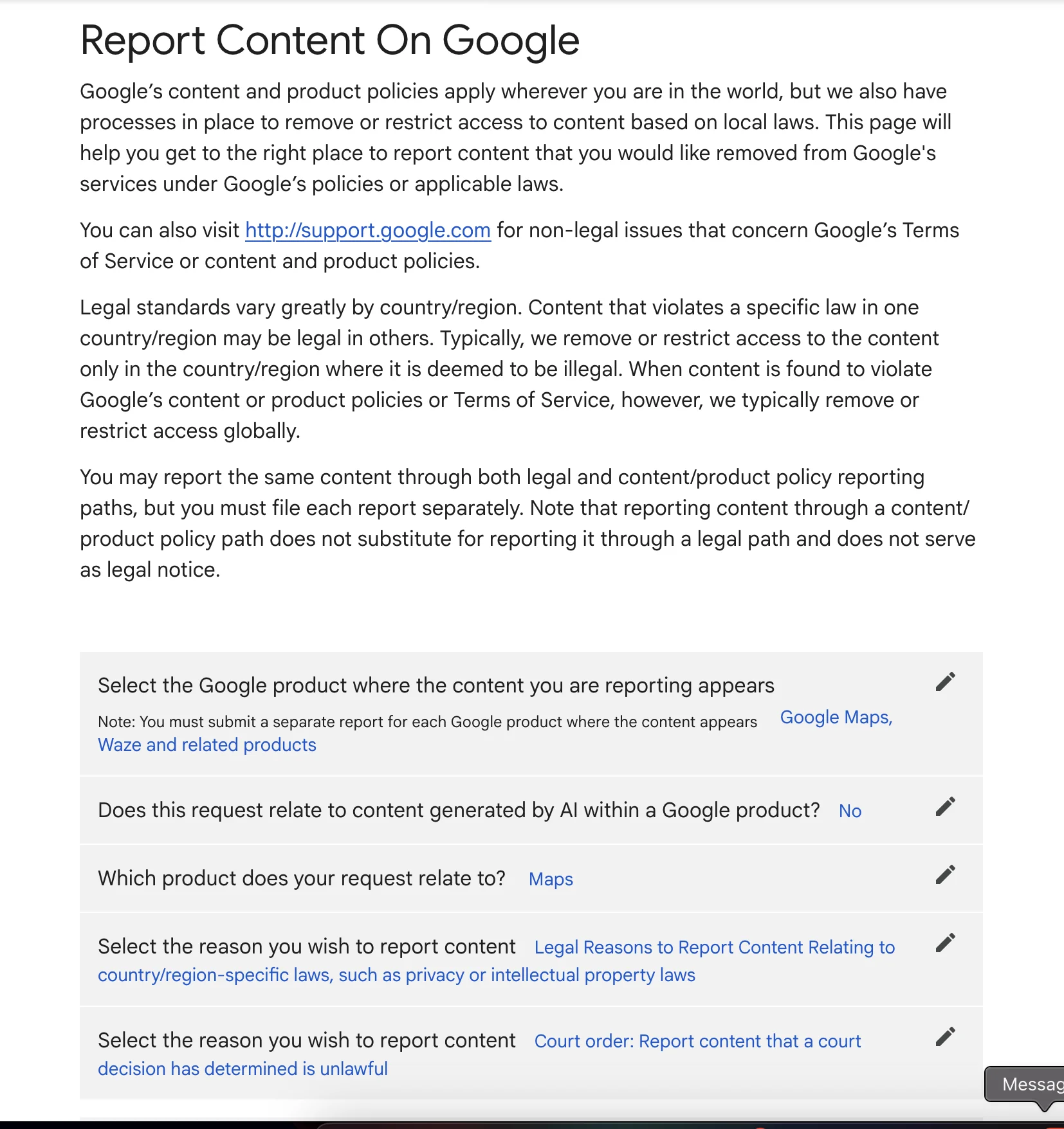 Google Report Content On Google legal removal form showing fields for selecting Google product, court order details, and content reporting options
