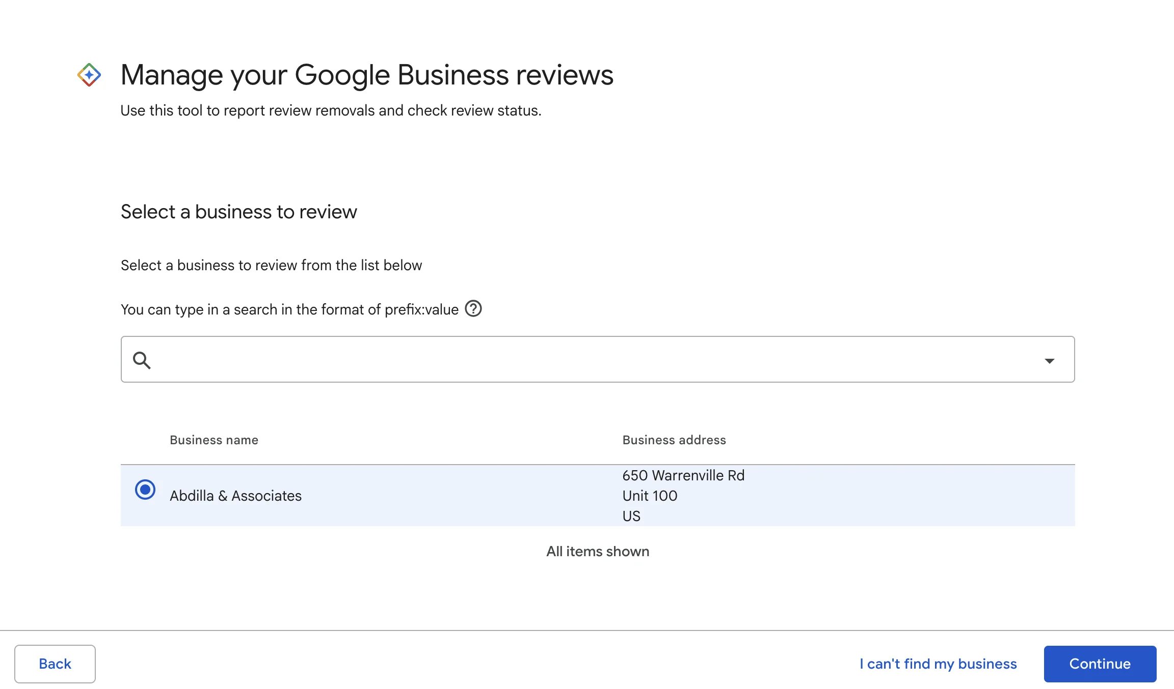 Google Reviews Management Tool showing Select a business to review screen with Abdilla and Associates selected at 650 Warrenville Rd