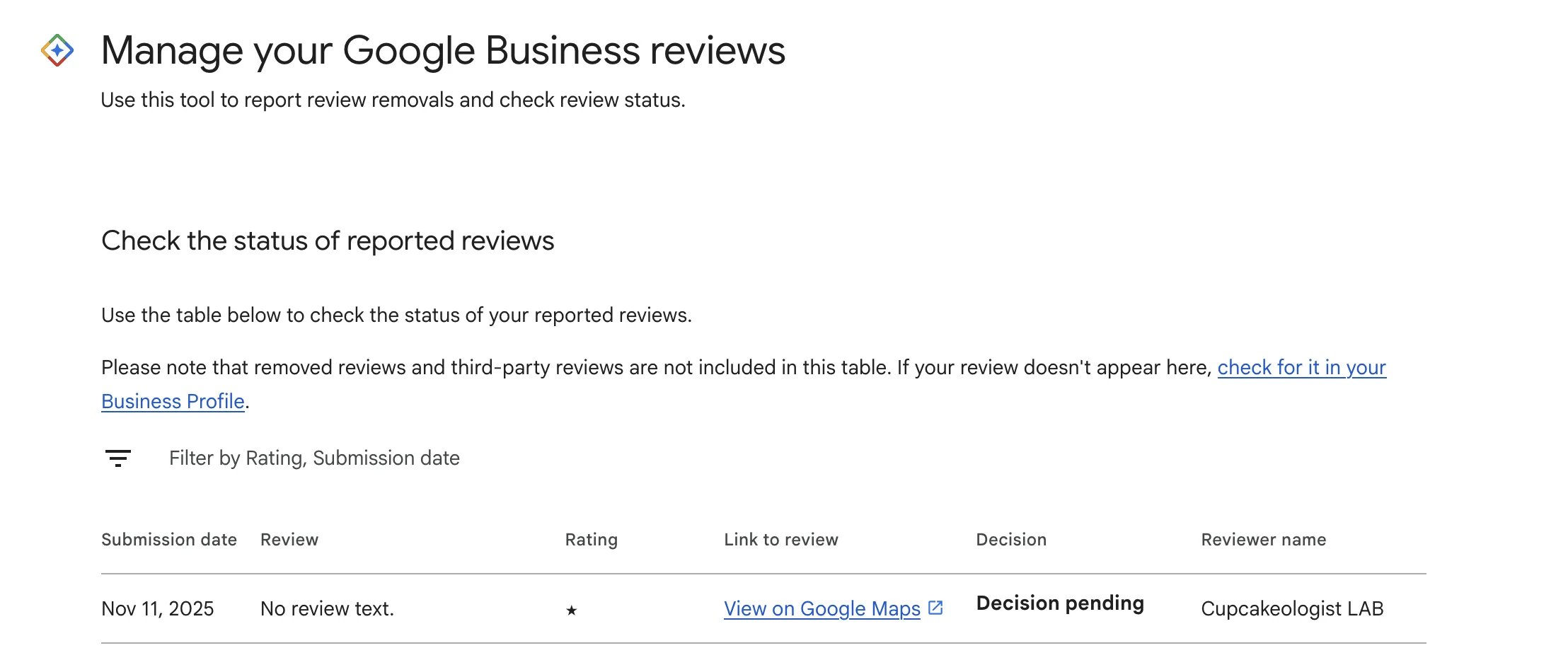 Google Reviews Management Tool status dashboard showing a reported review with Decision pending status, submission date, rating, and reviewer name