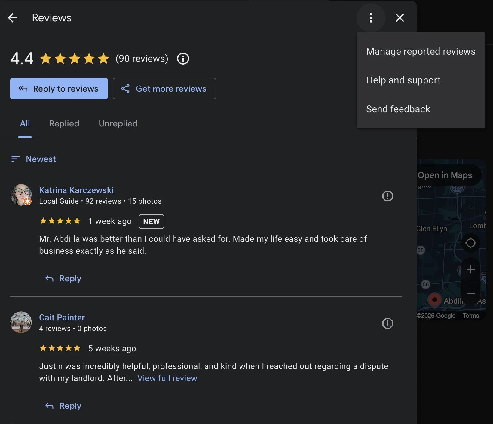 Google Business Profile three-dot menu open showing Manage reported reviews, Help and support, and Send feedback options
