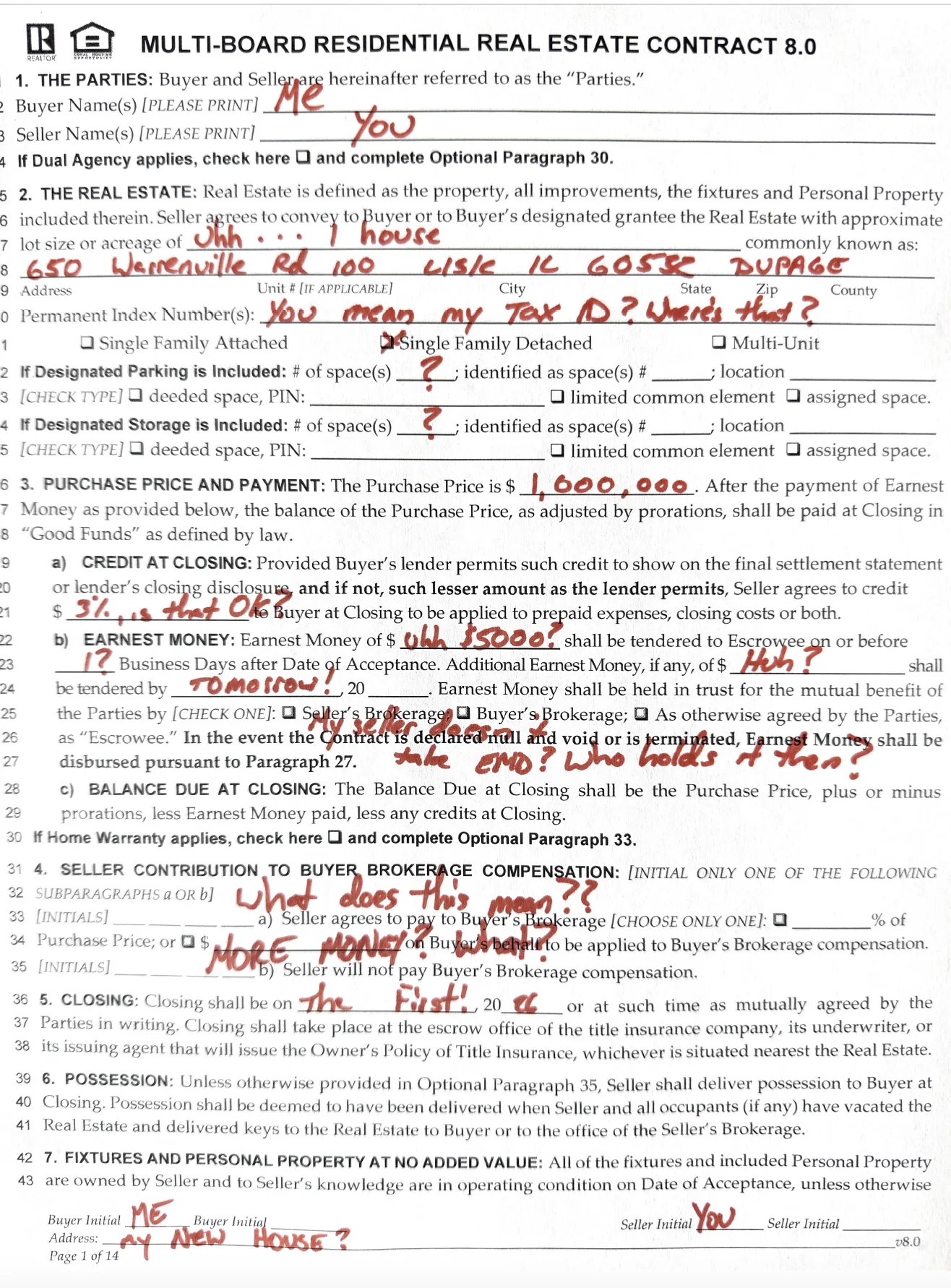 Page 1 of the Multi-Board 8.0 contract with handwritten annotations showing common buyer questions: What is a Tax ID? How much earnest money? Who holds the EMD? What does buyer brokerage compensation mean?