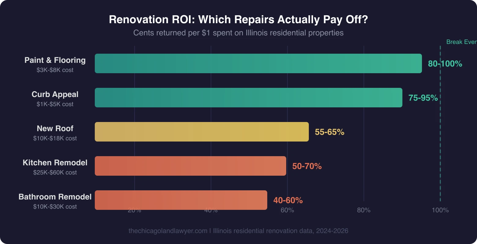 Chart showing renovation ROI for Illinois home repairs: paint and flooring returns 80-100%, curb appeal 75-95%, new roof 55-65%, kitchen remodel 50-70%, bathroom remodel 40-60%