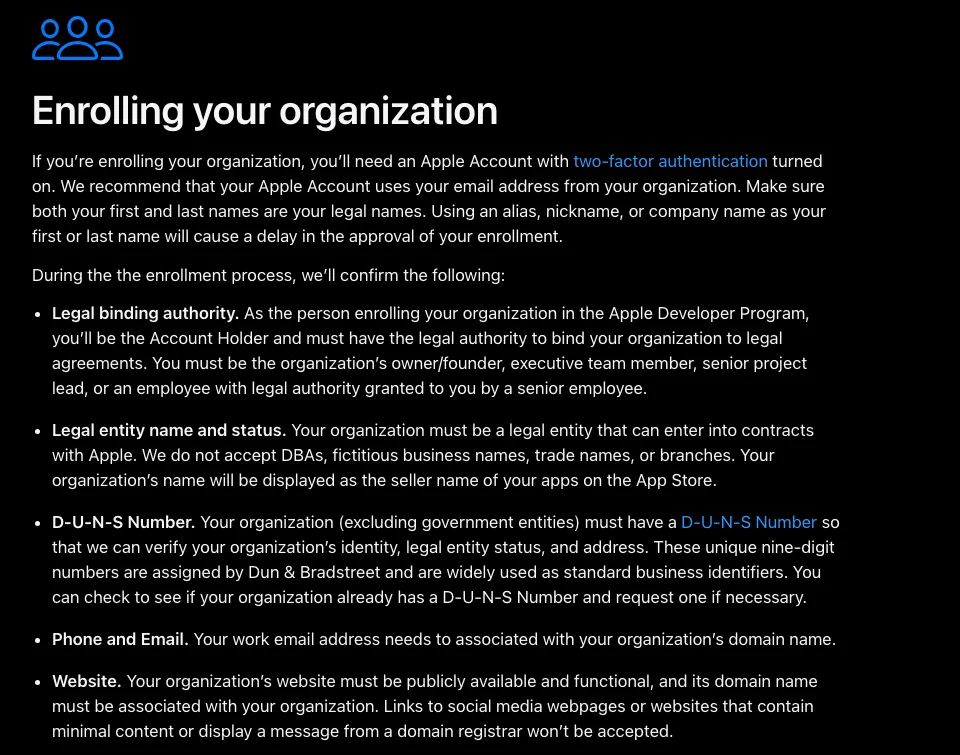Apple Developer Program enrollment page, Enrolling your organization section, stating that Apple does not accept DBAs, fictitious business names, trade names, or branches and requires a D-U-N-S Number