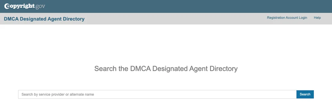The U.S. Copyright Office DMCA Designated Agent Directory search page, with the Registration Account Login link in the top right corner