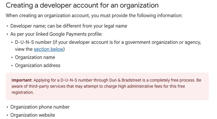 Google Play Console Help page listing the information required for an organization developer account, including a D-U-N-S number, organization name, and address, with a note that a D-U-N-S number is free from Dun and Bradstreet