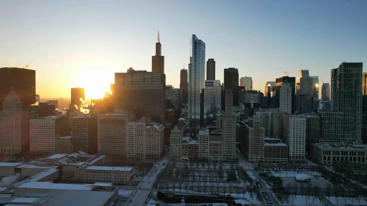 Sunrise over Chicago in winter