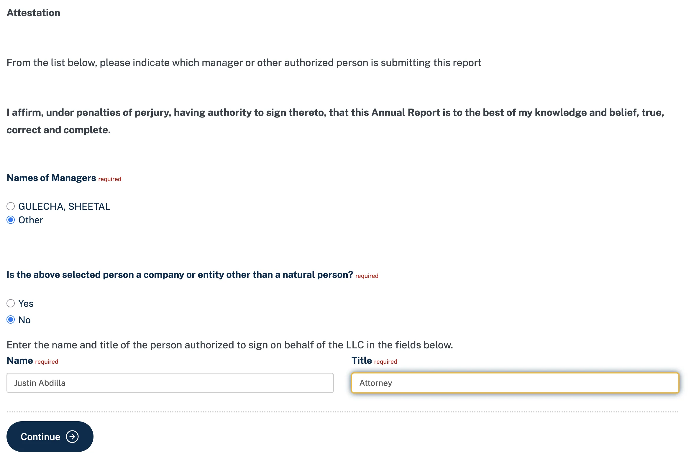 Illinois LLC annual report attestation page showing Justin Abdilla filing as Attorney on behalf of LLC