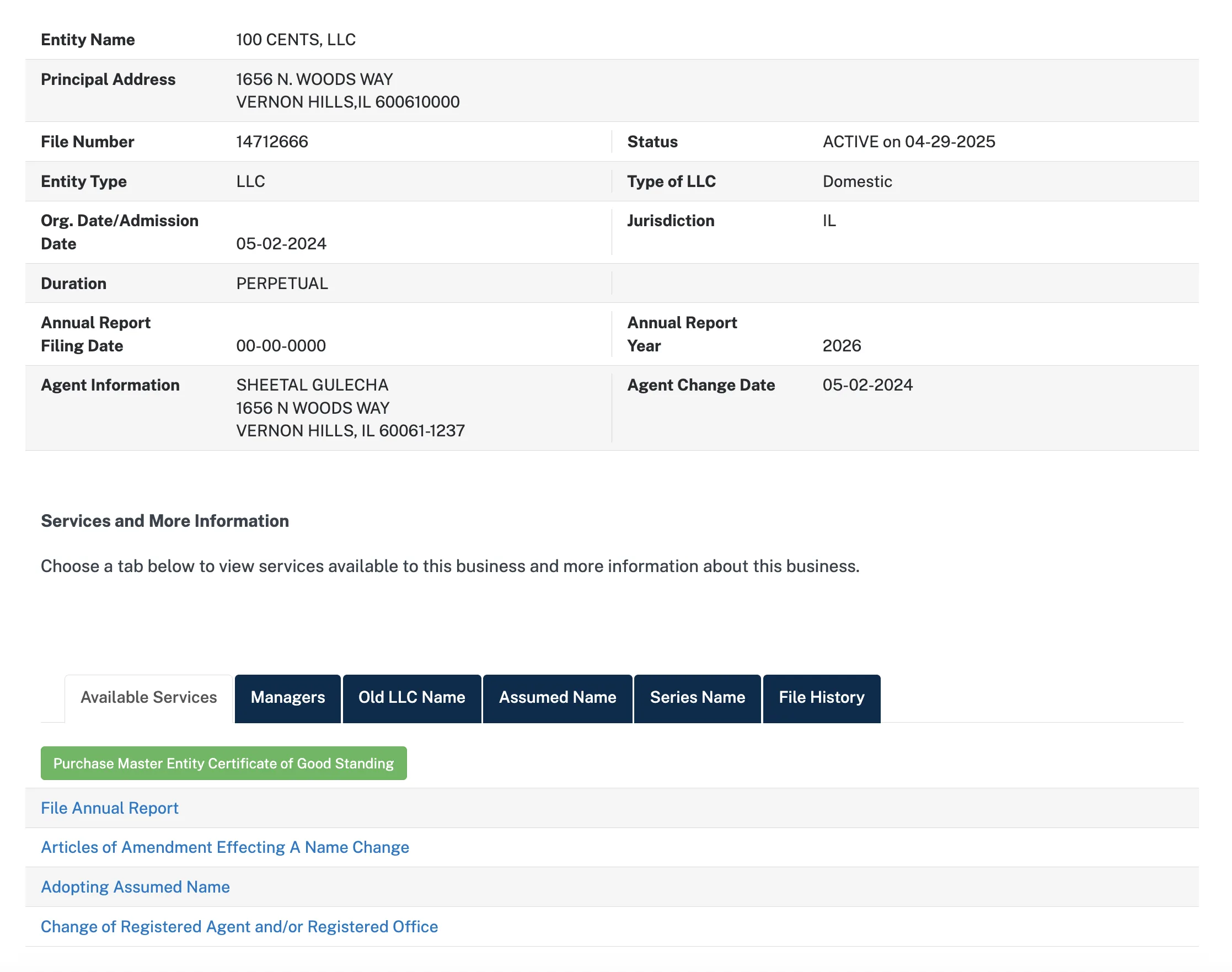 Illinois Secretary of State Business Entity Search showing LLC with ACTIVE status, file number, registered agent, and annual report year