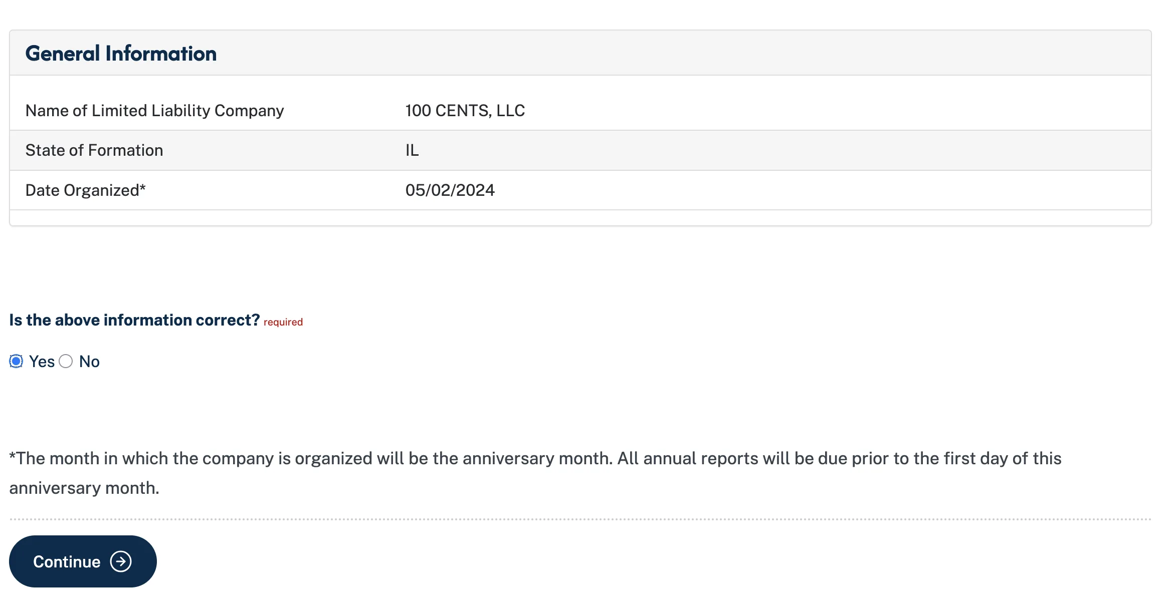 Illinois LLC Annual Report general information form showing LLC name, state of formation, and date organized