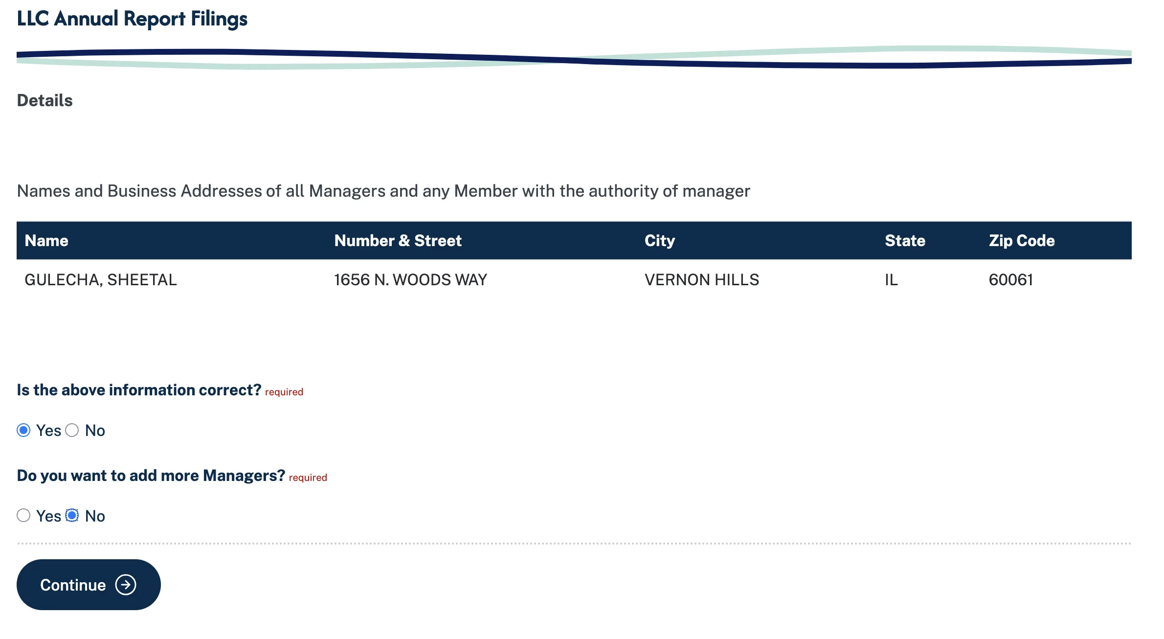 LLC Annual Report managers section showing names and business addresses table