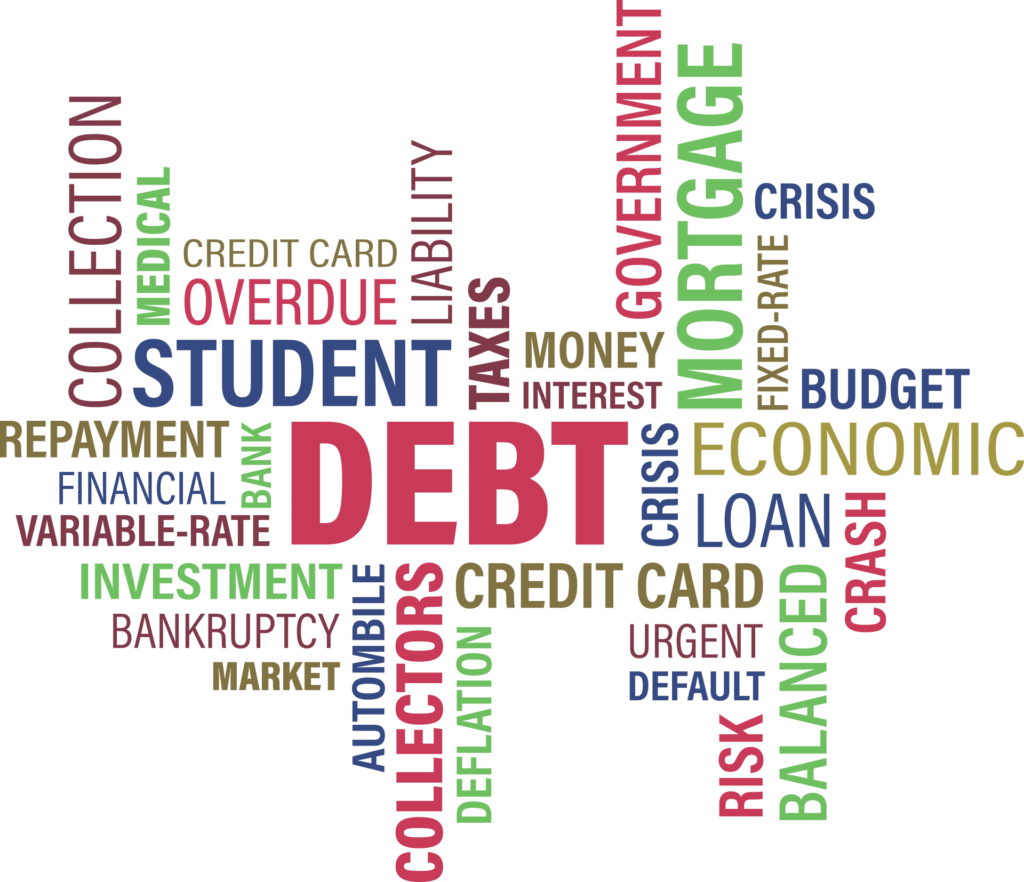 debt word cloud for short sale loan credit card collector bankruptcy default mortgage student loans