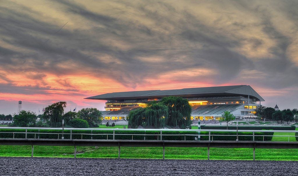 view of Arlington International Racecourse horse racetrack at dusk in Arlington Heights, Illinois