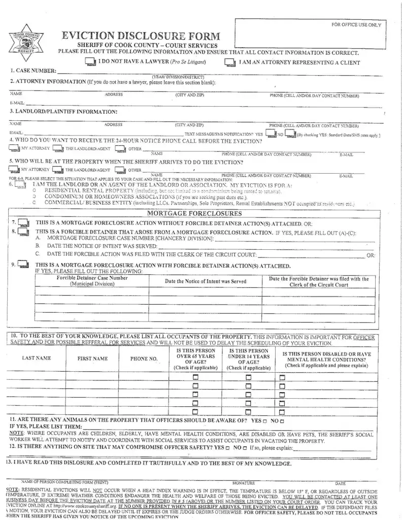 cook county sheriff eviction disclosure form in use since 2011 for eviction lawyers