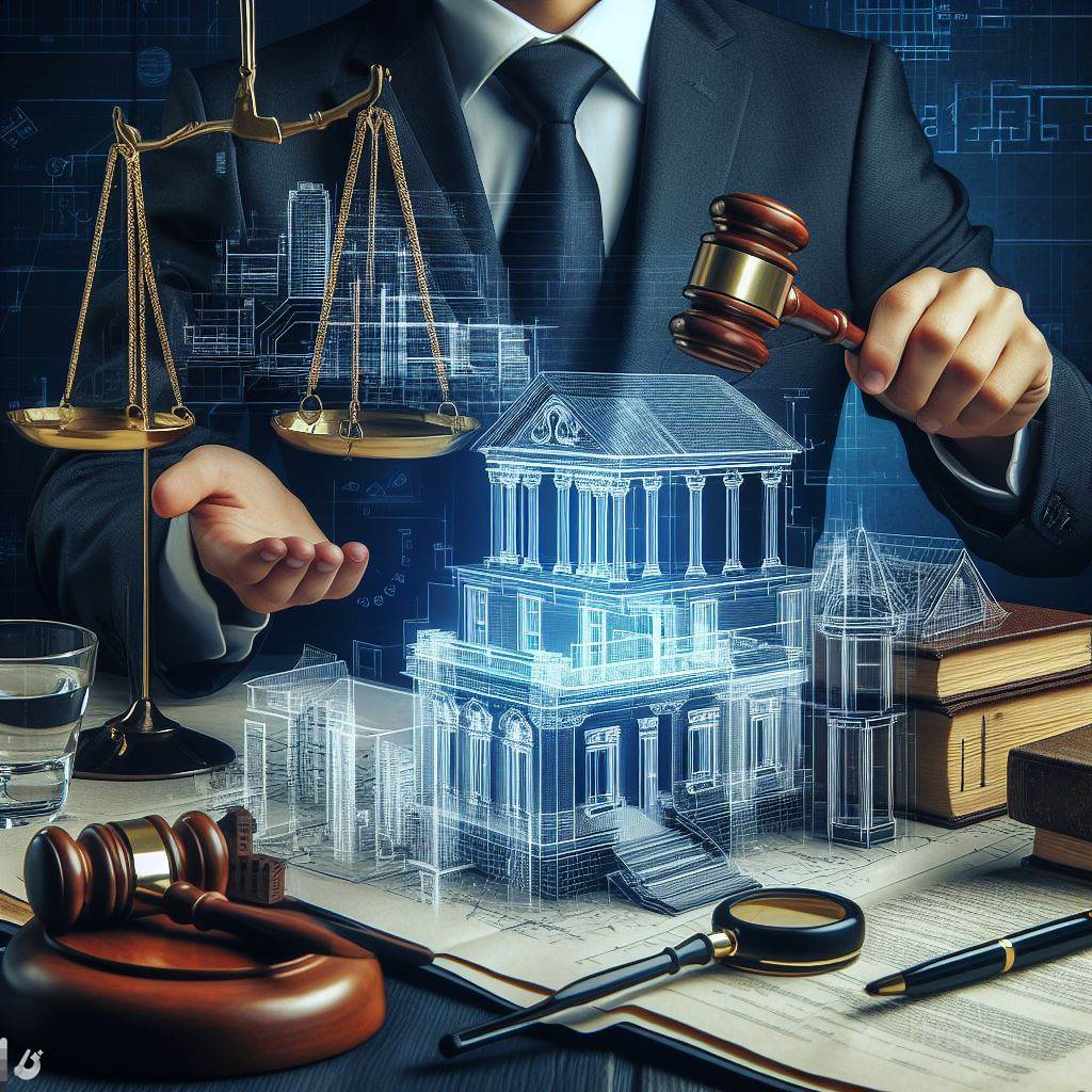 blueprint lawyer with gavel and houses